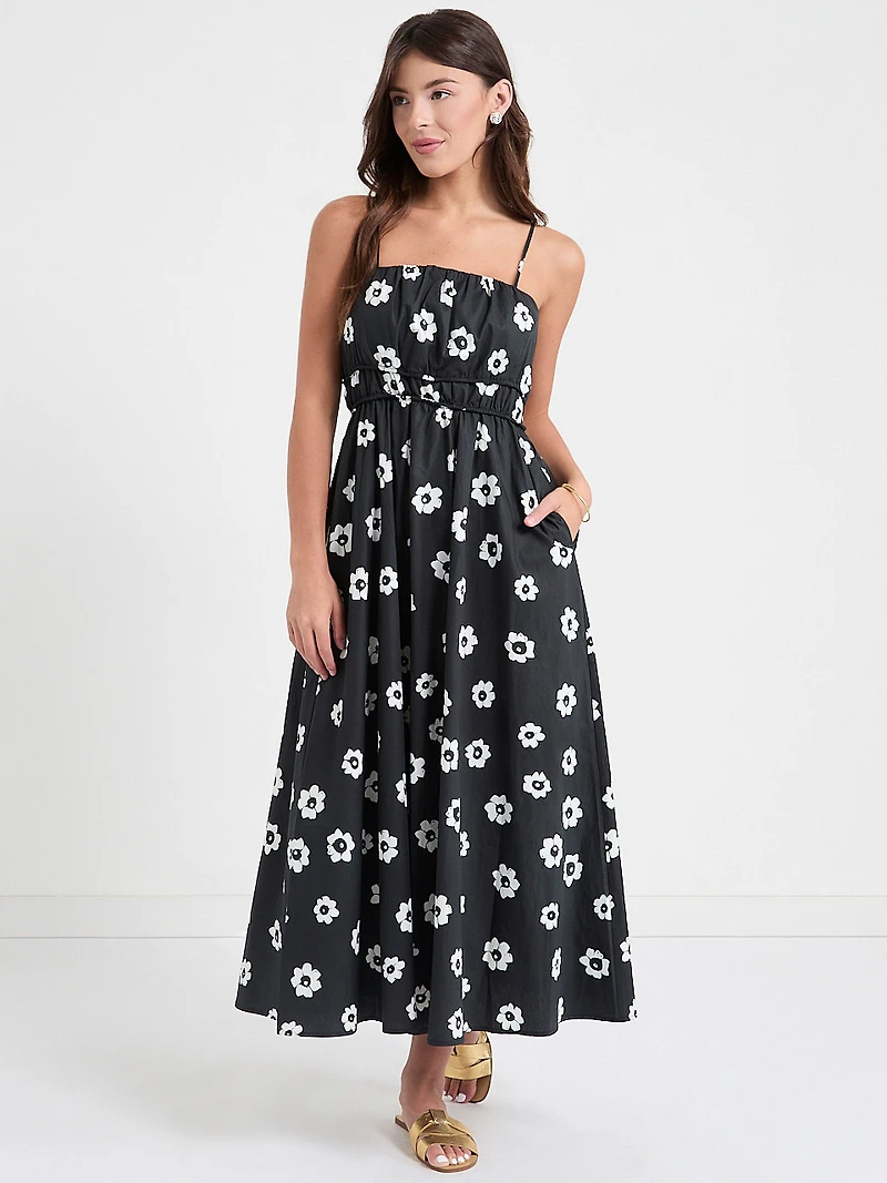 Strappy Smocked Poplin Midi Dress