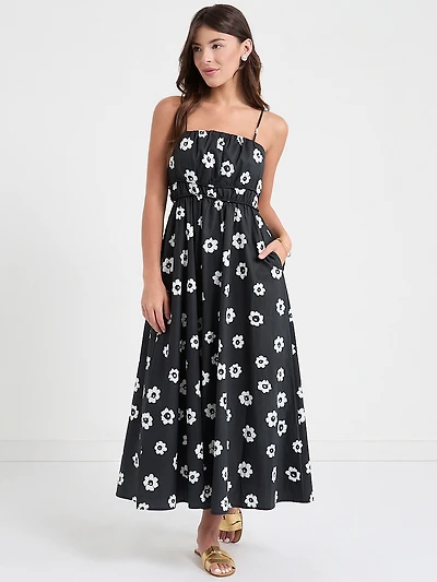 Strappy Smocked Poplin Midi Dress