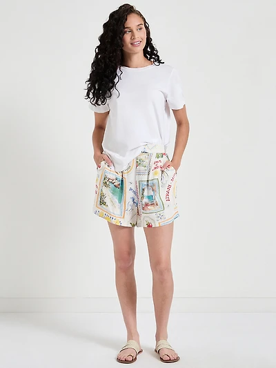 Viscose Linen Pull-On Shorts Postcard Print