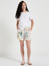 Linen Blend Pull-On Shorts Postcard Print