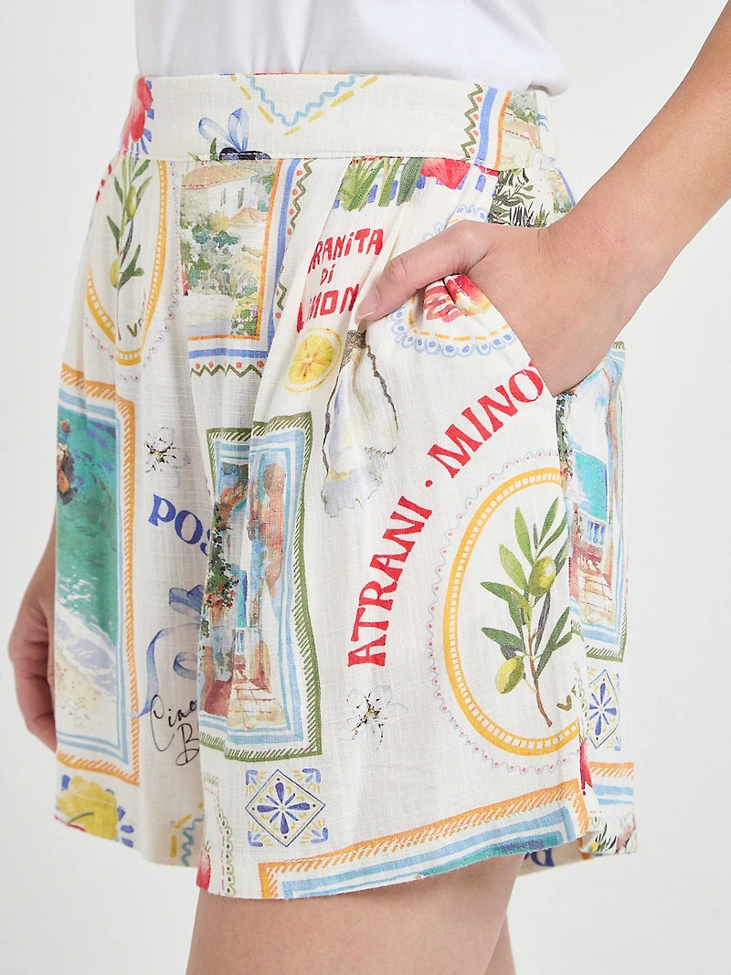 Linen Blend Pull-On Shorts Postcard Print