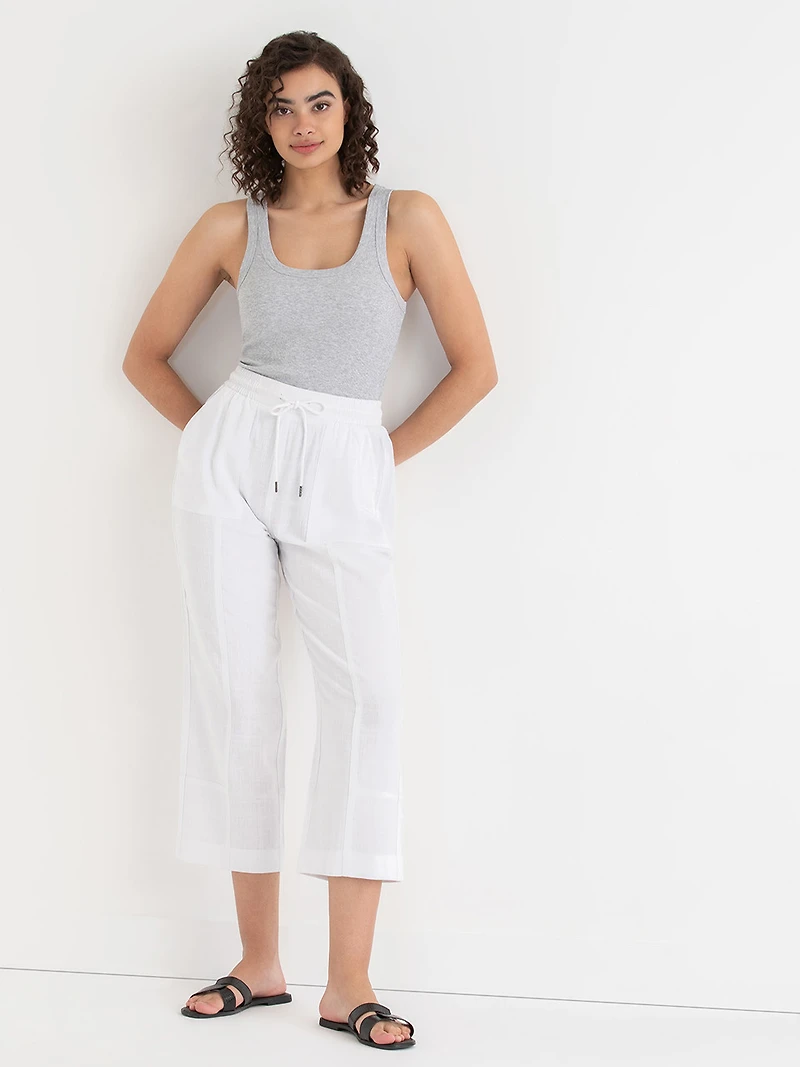 Viscose Linen Pull-On Cropped Pant White
