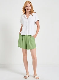 Black Short Sleeve Linen Button Up Blouse