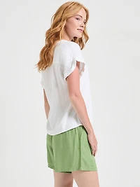 Black Short Sleeve Linen Button Up Blouse