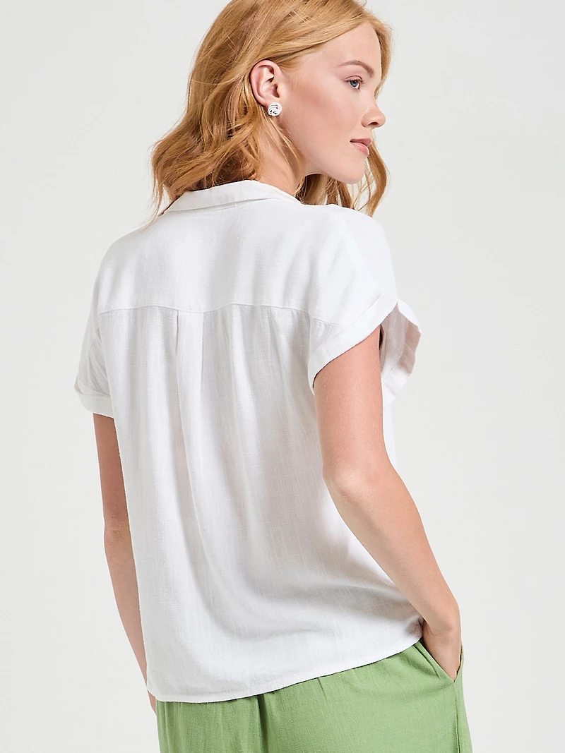 Short Sleeve Linen Blend Button Up Blouse