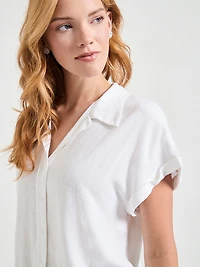 Short Sleeve Linen Blend Button Up Blouse