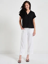 Short Sleeve Linen Blend Button Up Blouse