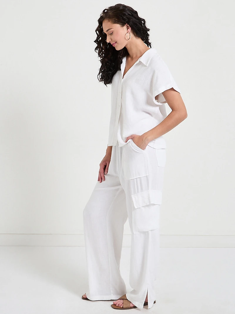 Short Sleeve Linen Button Up Blouse Sinopia Fresco