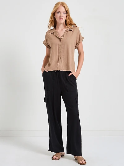 Short Sleeve Linen Button Up Blouse Sinopia Fresco