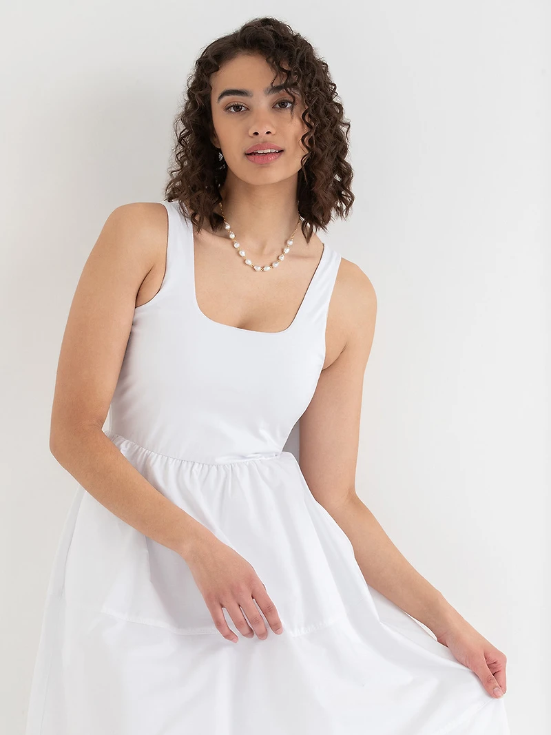 Sleeveless Mix Media Midi Dress White