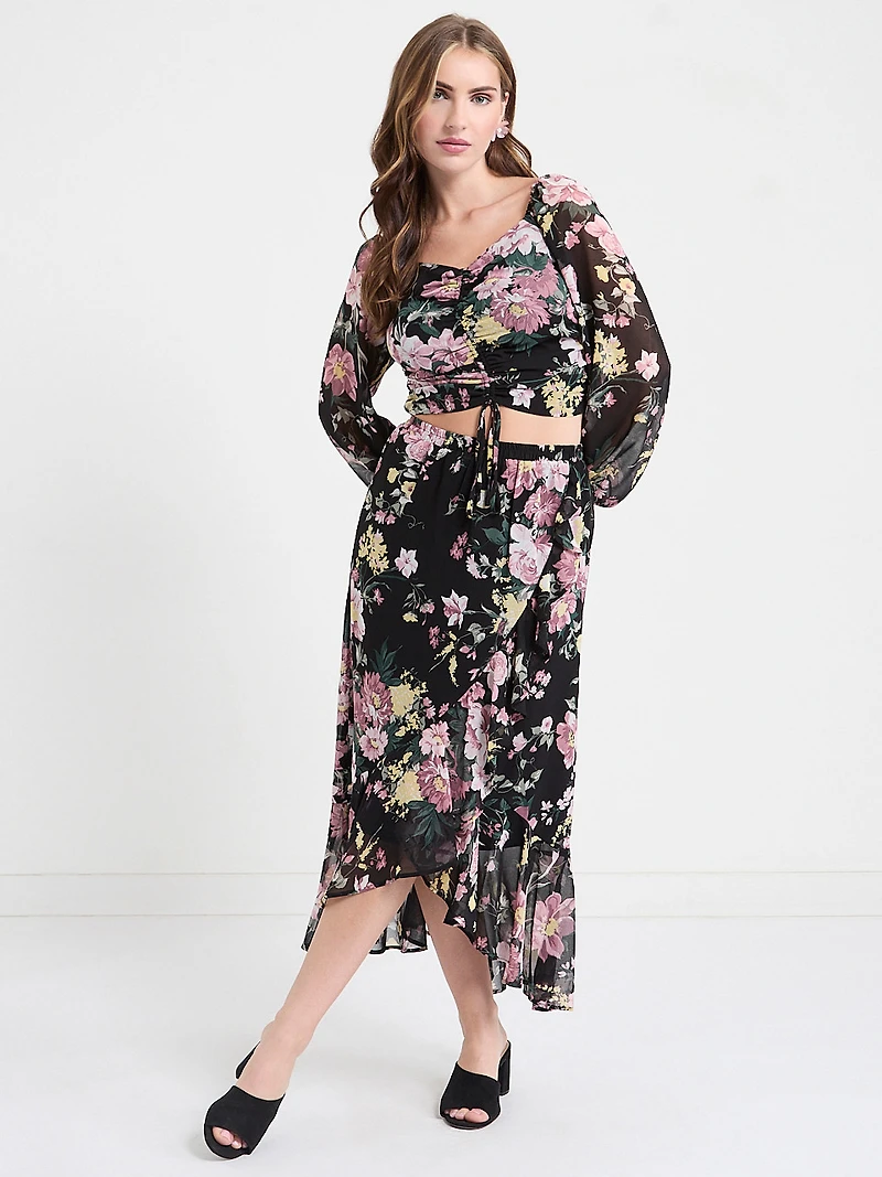 Chiffon Ruffle Midi Skirt Black Grand Floral