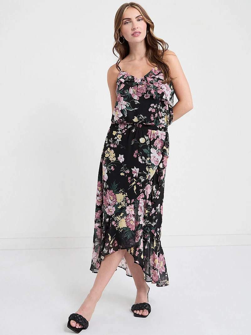 Chiffon Ruffle Midi Skirt Black Grand Floral