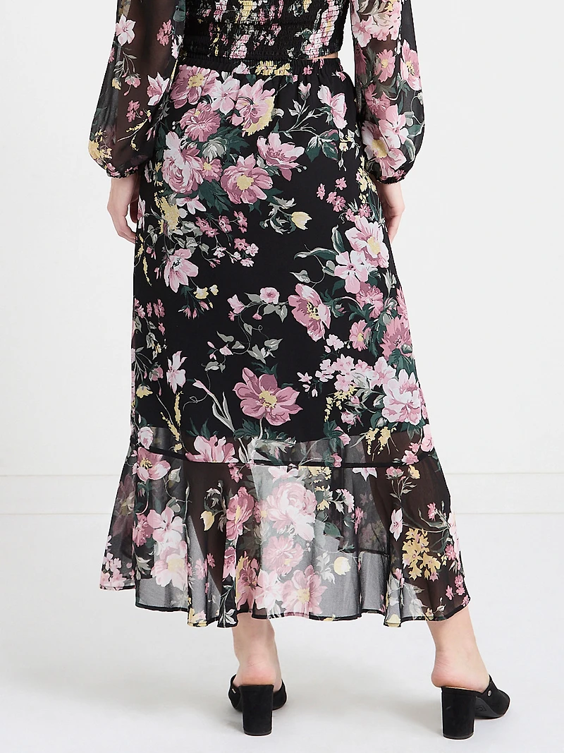 Chiffon Ruffle Midi Skirt Black Grand Floral