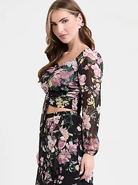 Channel Front Cropped Sweetheart Blouse Black Grand Floral Print