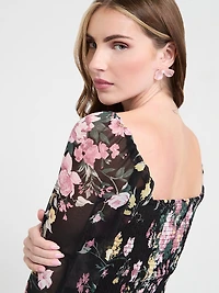 Channel Front Cropped Sweetheart Blouse Black Grand Floral Print