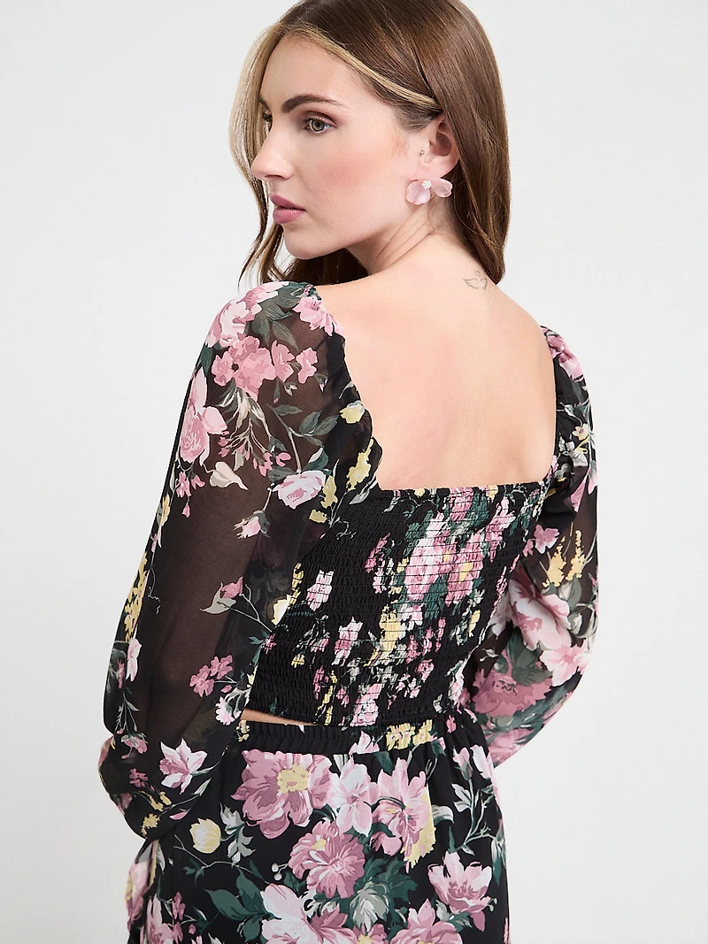 Channel Front Cropped Sweetheart Blouse Black Grand Floral Print