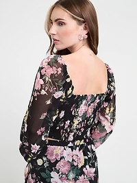 Channel Front Cropped Sweetheart Blouse Black Grand Floral Print