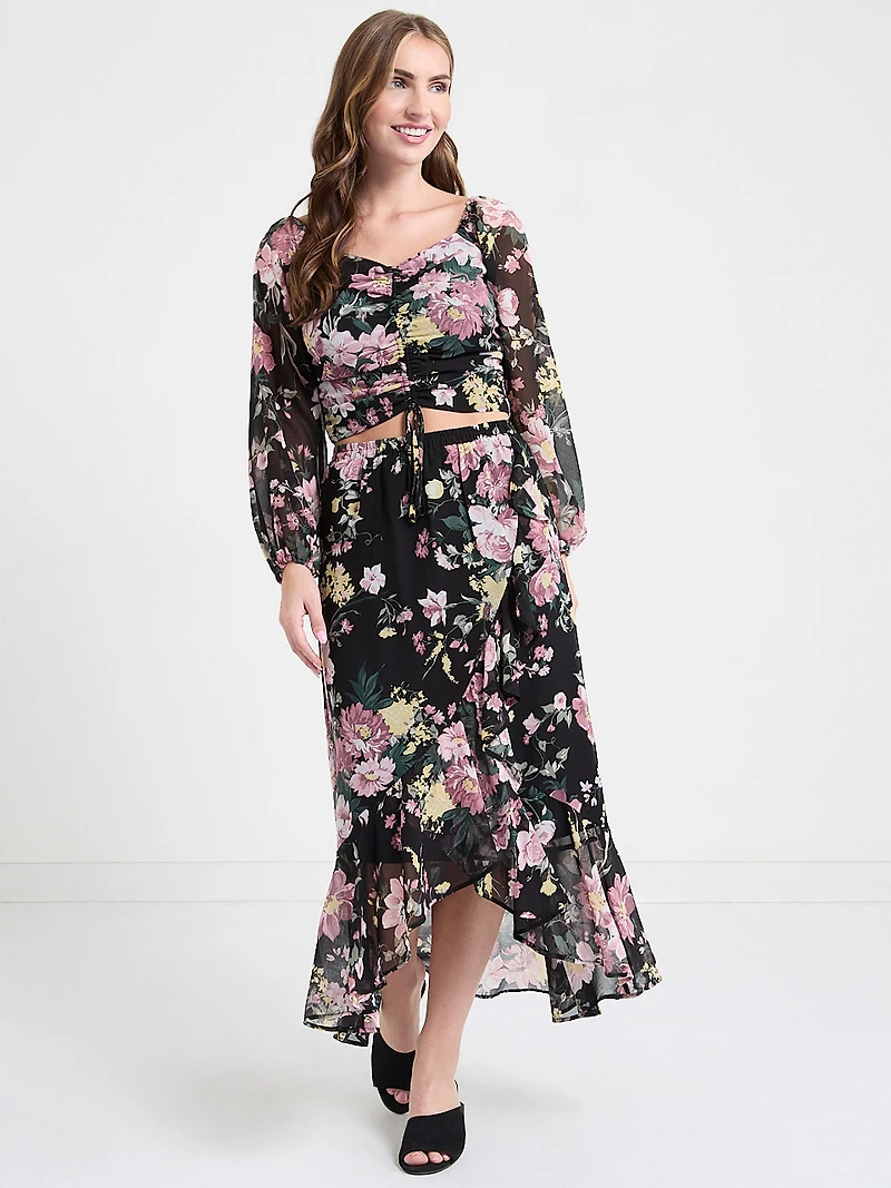 Channel Front Cropped Sweetheart Blouse Black Grand Floral Print