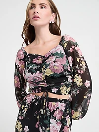 Channel Front Cropped Sweetheart Blouse Black Grand Floral Print