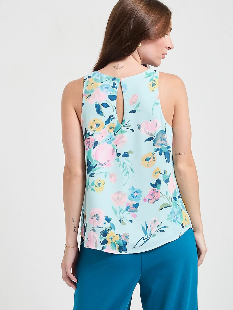 Paulina Pleat Neck Sleeveless Blouse Pastel Blue Florals