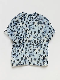 Short Flutter Sleeve Chiffon Blouse Blue Animal