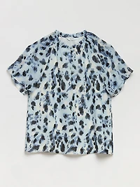 Short Flutter Sleeve Chiffon Blouse Blue Animal