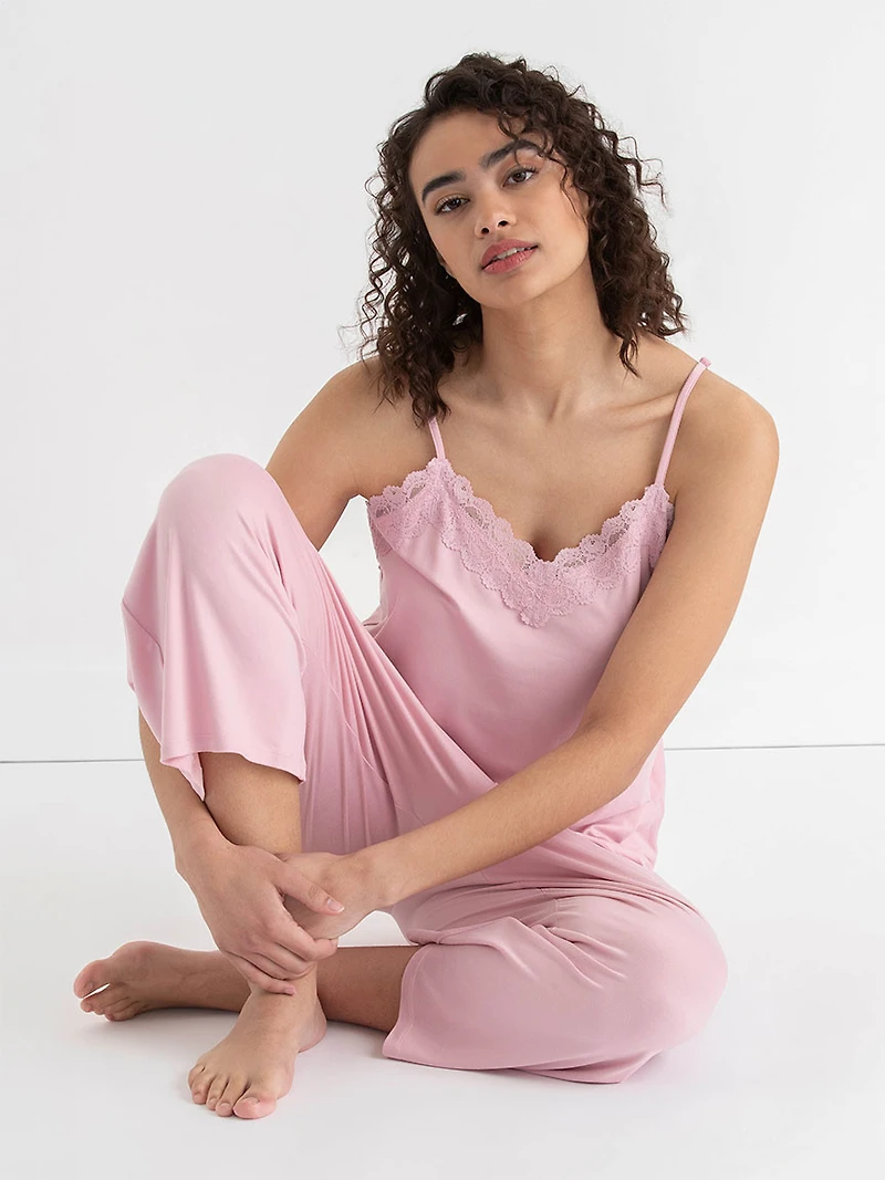 Lace Trim Cami with Crop Pant Sleepset  Bleached Mauve