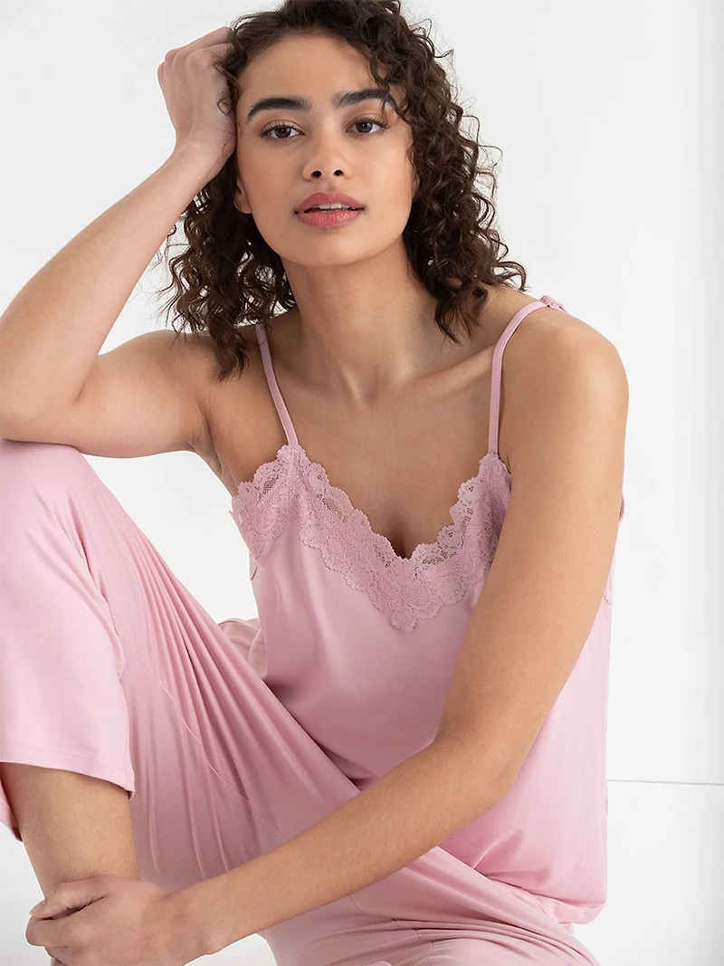 Lace Trim Cami with Crop Pant Sleepset  Bleached Mauve