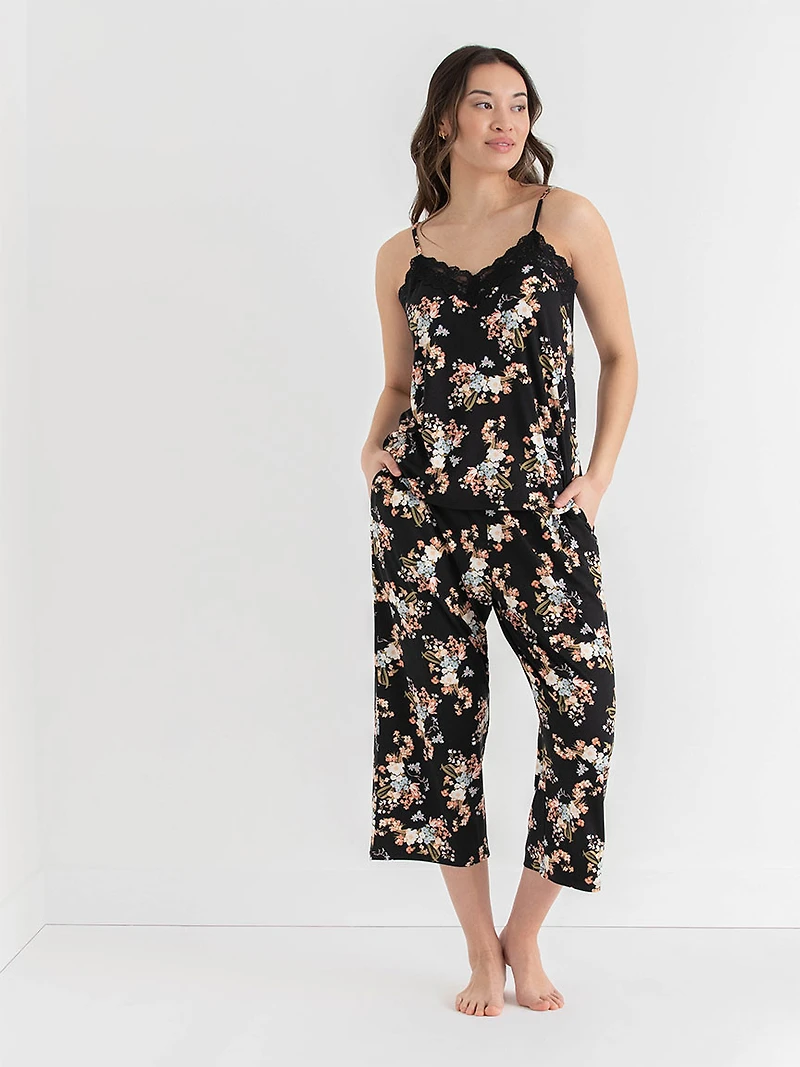 Lace Trim Cami with Crop Pant Sleepset Multicolour Floral