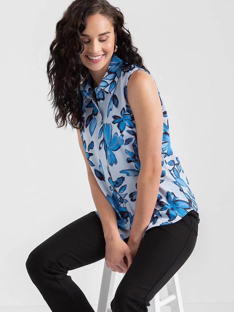 Nicole Sleeveless Collared Shirt Blue Floral