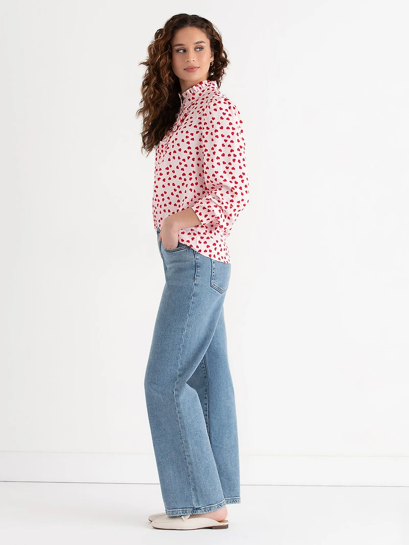 Long Sleeved Ruffle Blouse Pink/Red Heart Print