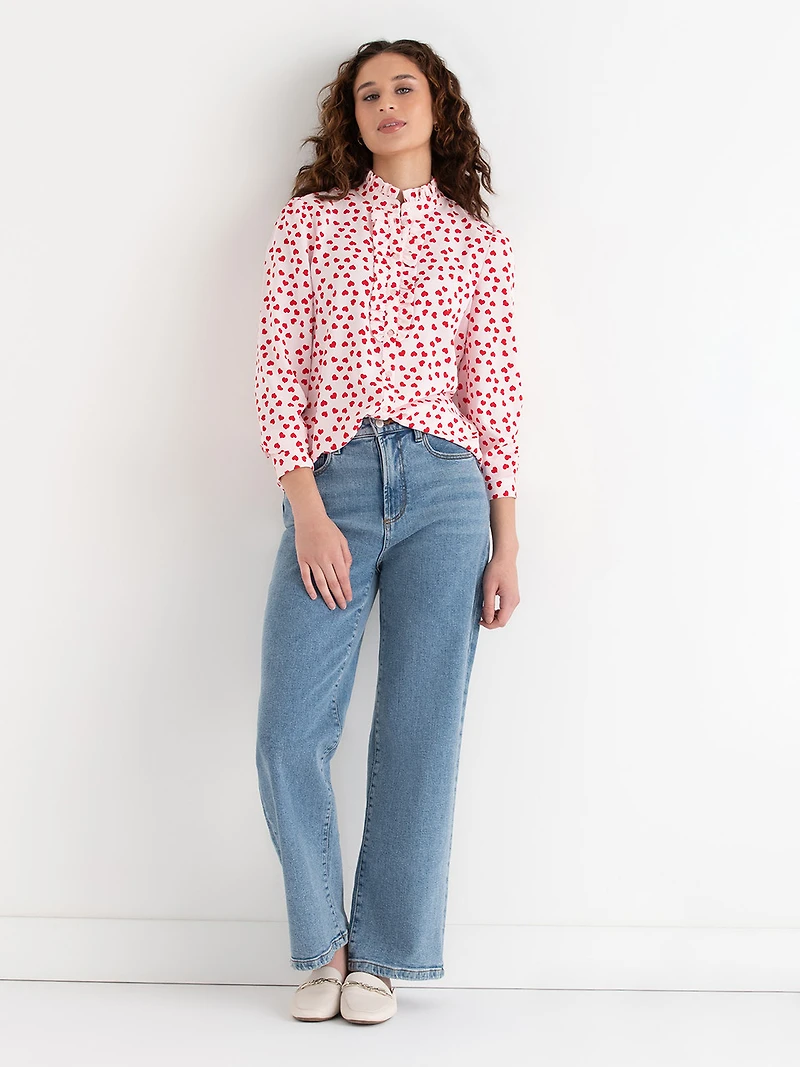 Long Sleeved Ruffle Blouse Pink/Red Heart Print