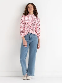 Long Sleeved Ruffle Blouse Pink/Red Heart Print