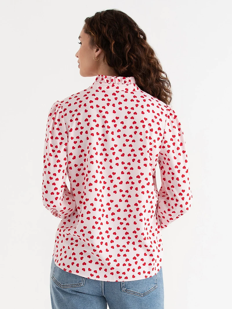 Long Sleeved Ruffle Blouse Pink/Red Heart Print