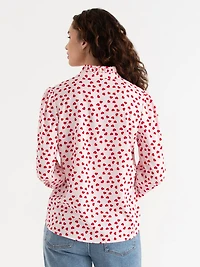 Long Sleeved Ruffle Blouse Pink/Red Heart Print