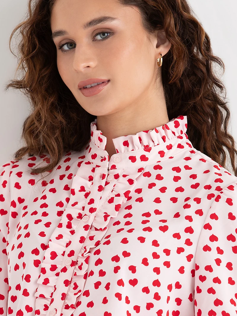Long Sleeved Ruffle Blouse Pink/Red Heart Print