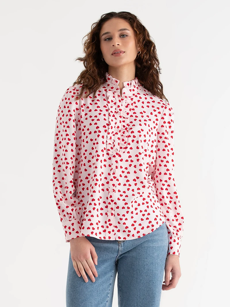 Long Sleeved Ruffle Blouse Pink/Red Heart Print