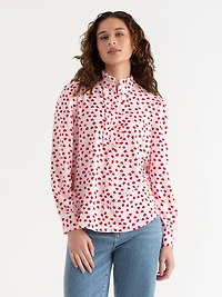 Long Sleeved Ruffle Blouse Pink/Red Heart Print