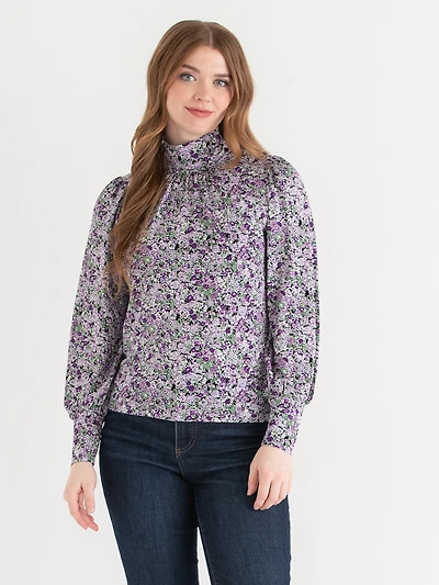 Mock Neck Top Purple Floral