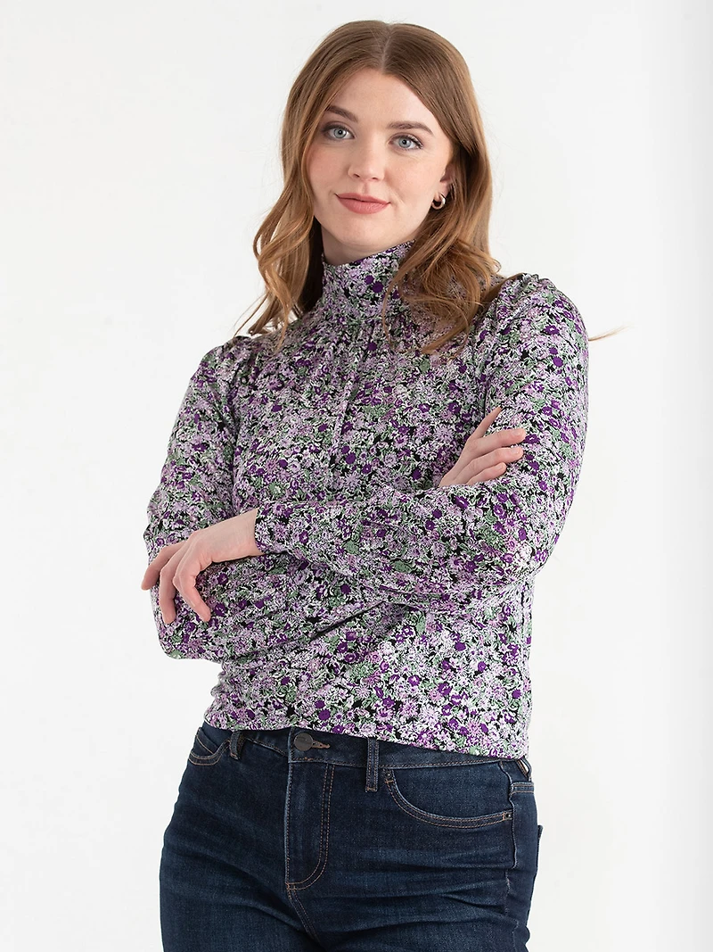 Mock Neck Top Purple Floral