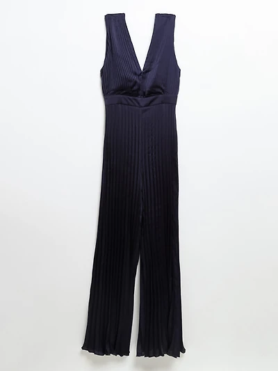 Satin Pleated Jumpsuit Evening Blue