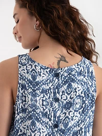 Linen Blend Tank with Back Buttons Blue Print