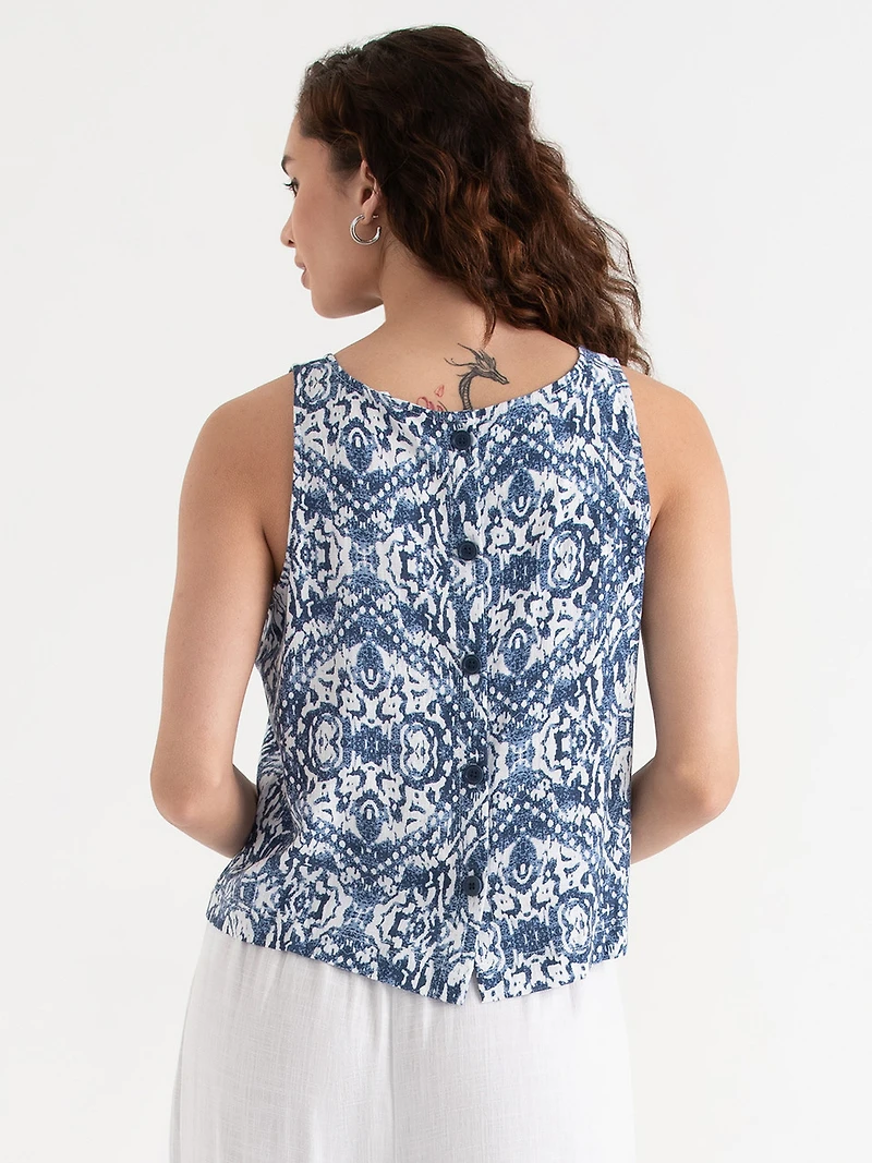 Linen Blend Tank with Back Buttons Blue Print