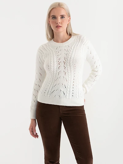 Crewneck Cable Knit Sweater Blanc de