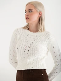 Crewneck Cable Knit Sweater Blanc de