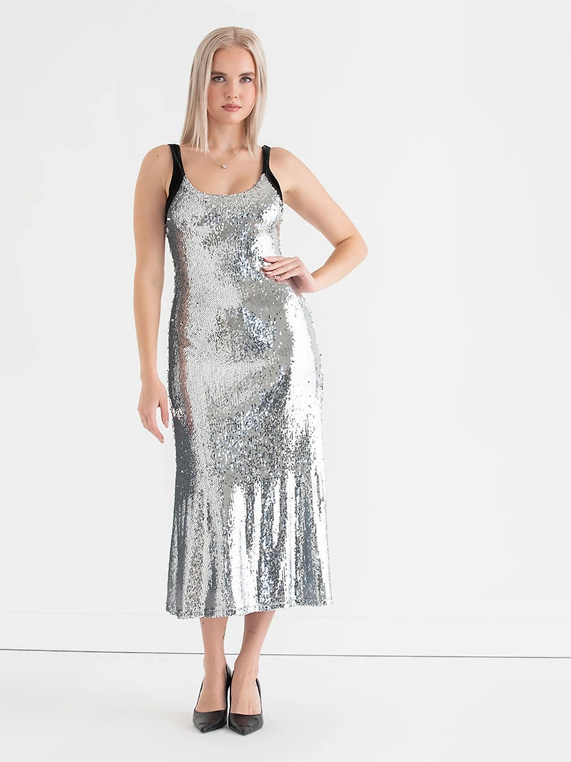 Sequin Midi Dress Silver Sequins