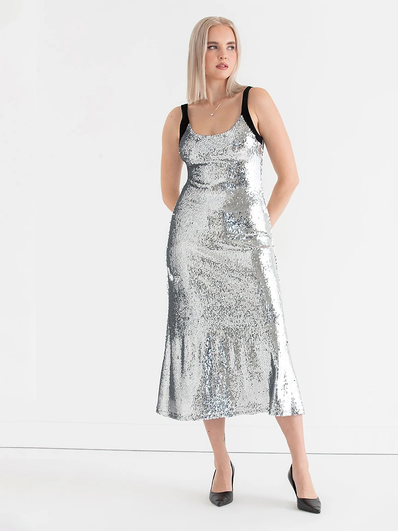 Sequin Midi Dress Silver Sequins