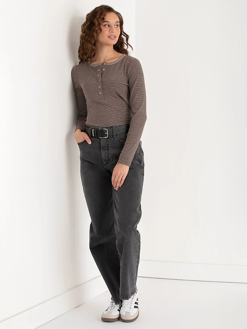 Long Sleeve Henley Shirt Fungi  with Black Stripe