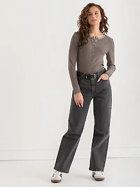 Long Sleeve Henley Shirt Fungi  with Black Stripe