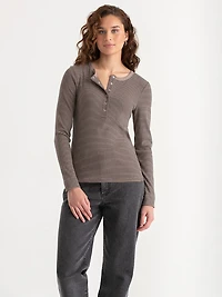 Long Sleeve Henley Shirt Fungi  with Black Stripe
